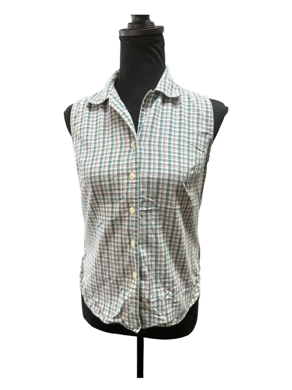B. Moss Women’s Small Green Plaid Sleeveless Button Front Collared Top